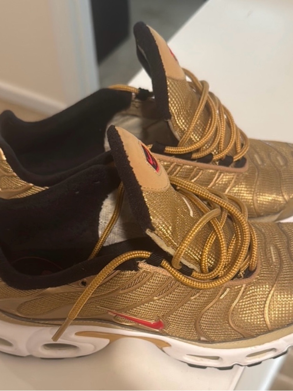 Nike Gold and Black Women's Airmax Sneakers with Red Accent